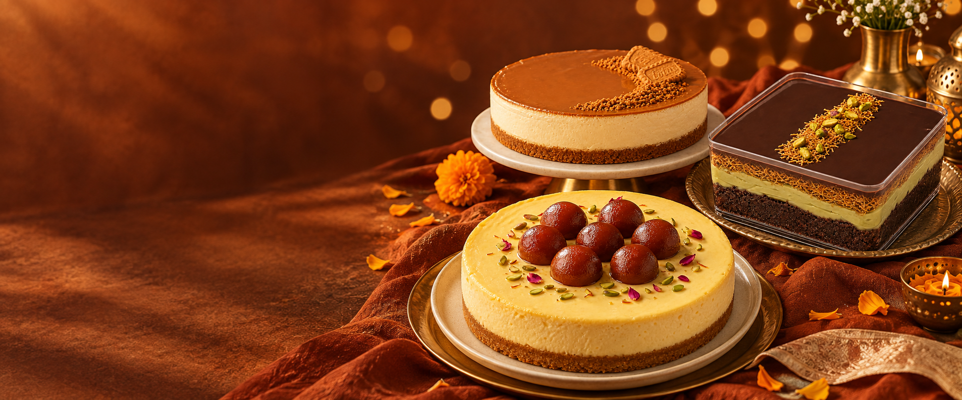 Festival season spread with signature cheesecakes and kunafa brownie tub